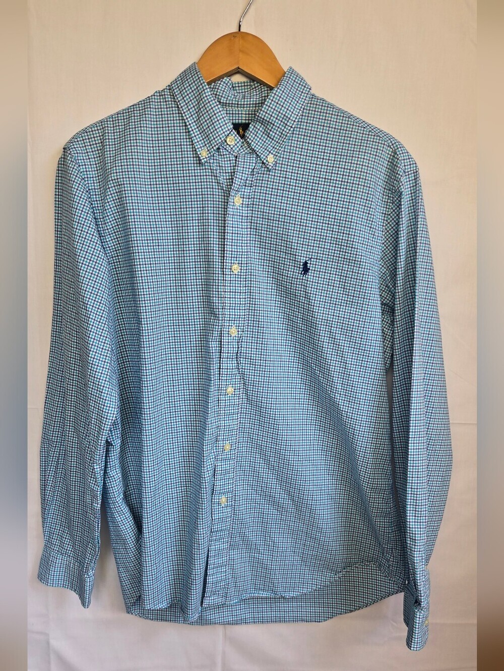 Ralph Lauren Navy,Teal & White Micro Checked LS Button Down Dress Shirt-Size L